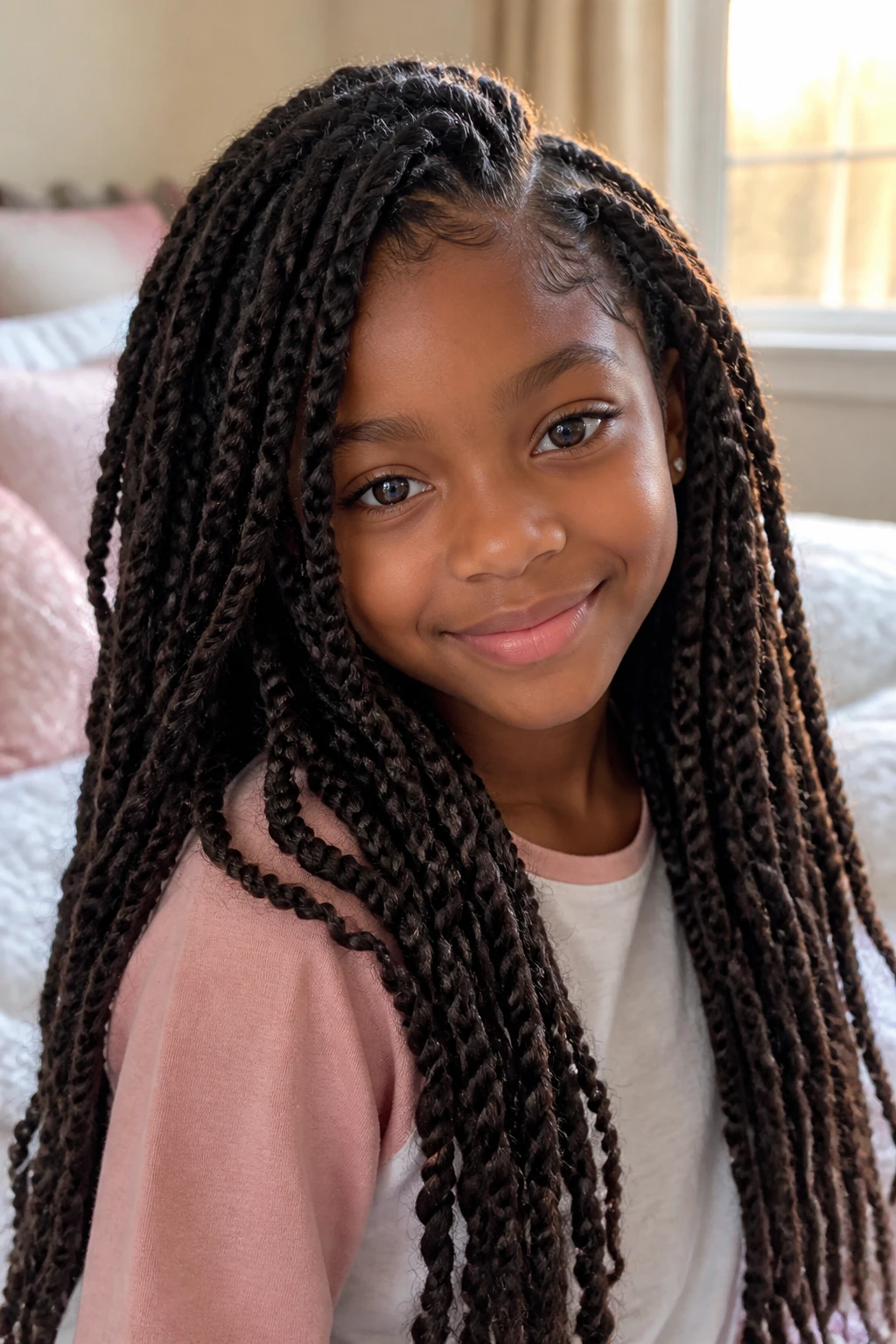 Close-up of a young girl with long passion twists in warm natural light