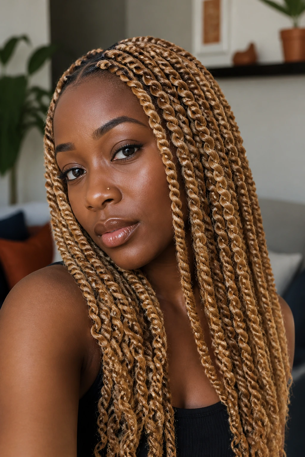 Real person with warm blonde passion twists showing texture and color.