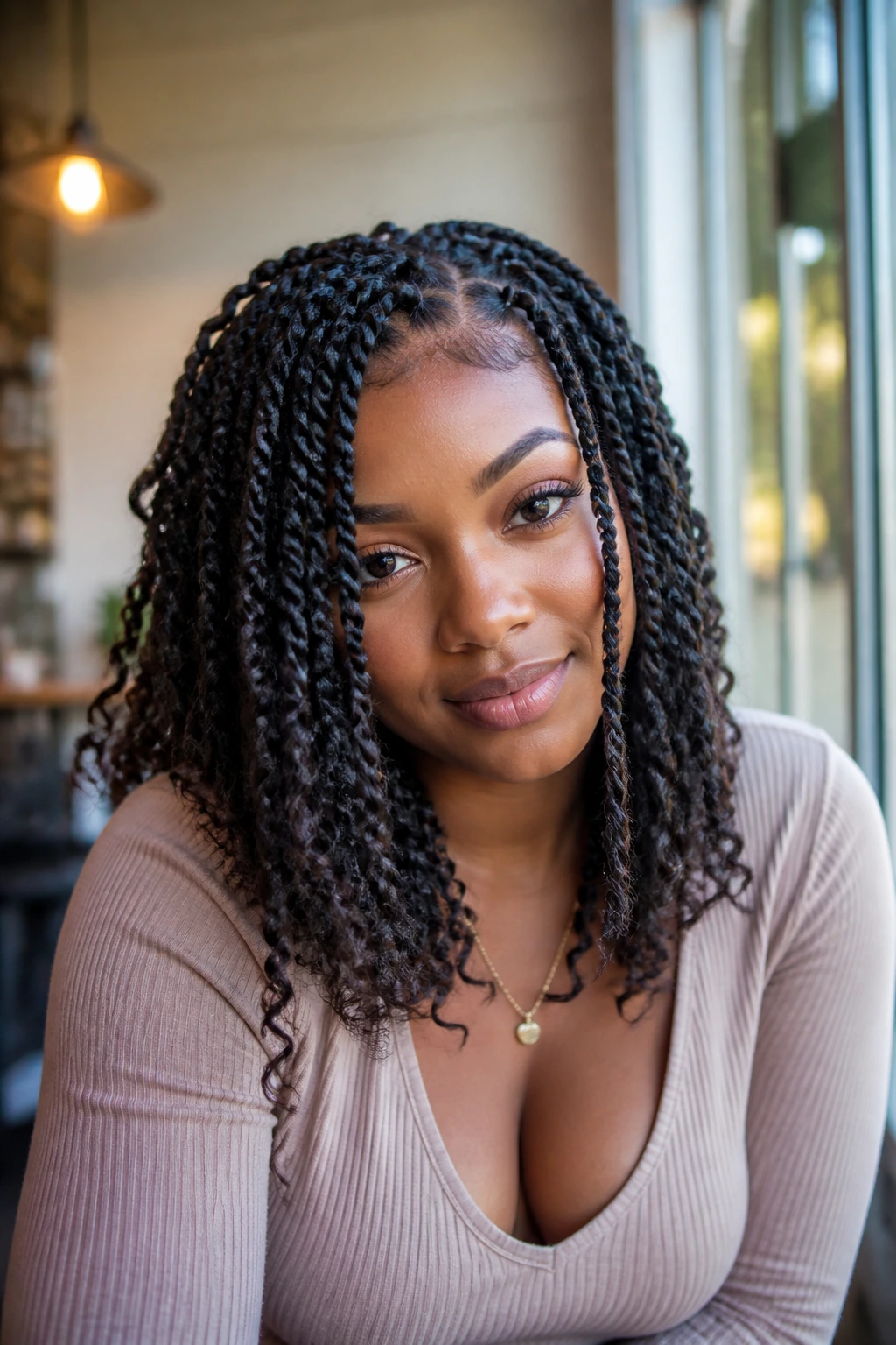 Portrait of a woman with shoulder-length passion twists ending in soft waves, sitting by a cafe window.