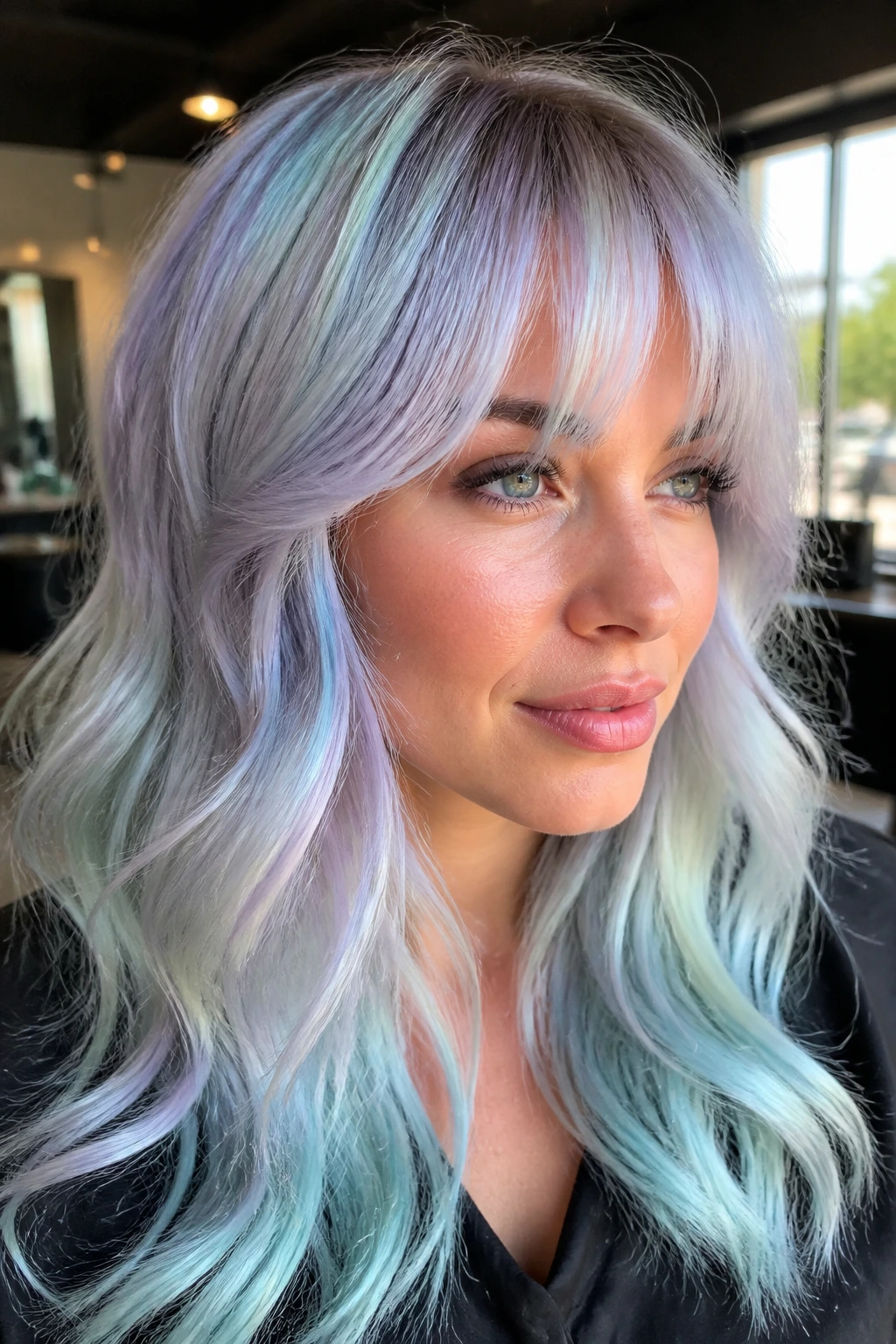 Close-up of a real person with holographic pastel highlights in wispy bangs at a salon.