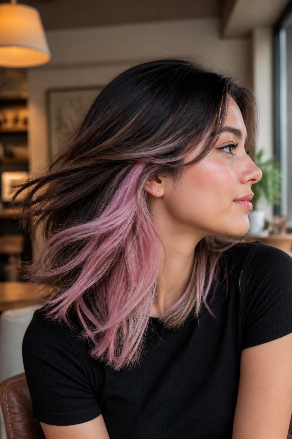 Side-profile of a real woman with pastel pink peekaboo underlayer visible