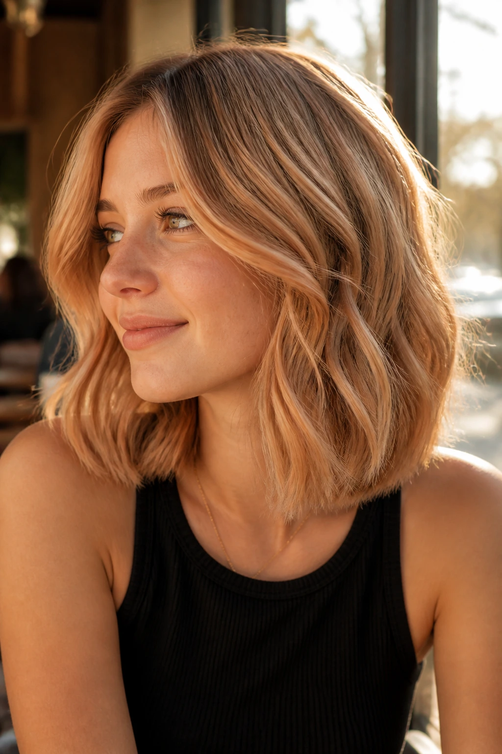 Portrait of a woman with peach-beige balayage bob in sunlit cafe setting.