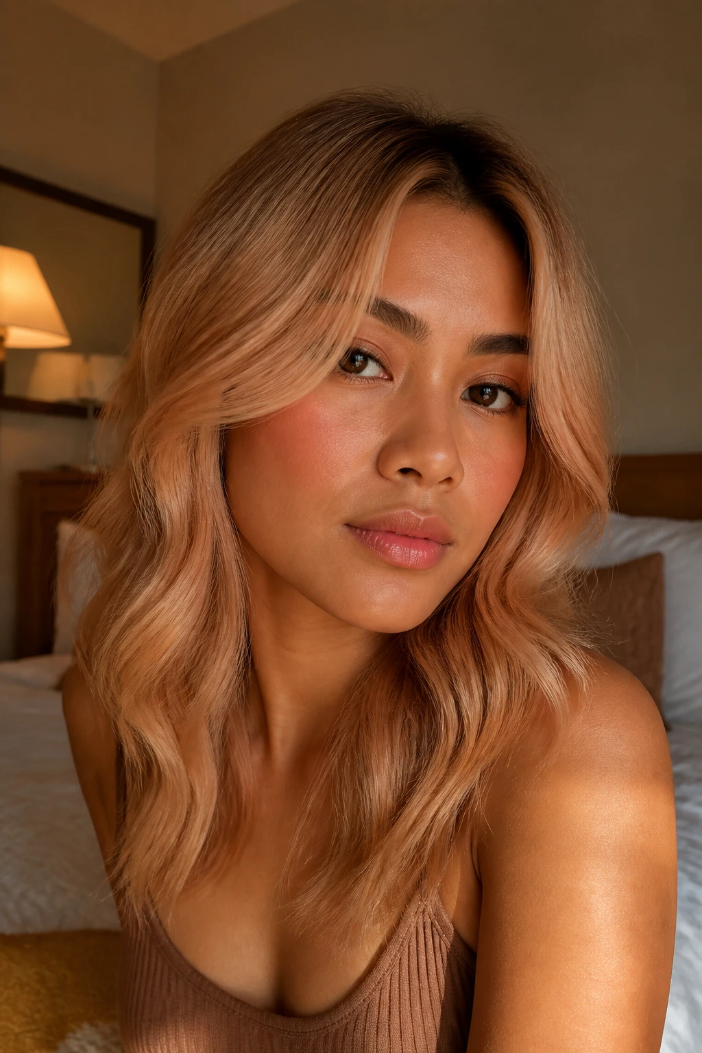Portrait of a real woman with peach beige blonde hair.