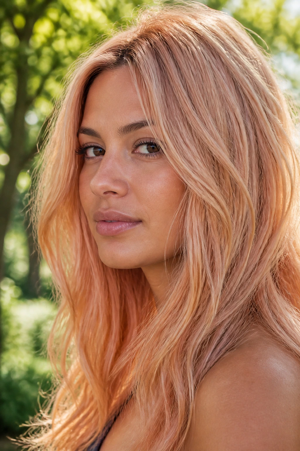 Close-up of a real woman with peach blonde hair with coral-gold cast