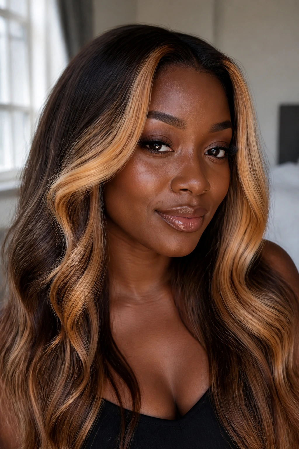 Close-up of a real woman with peach-blonde face frame highlighting around cheeks