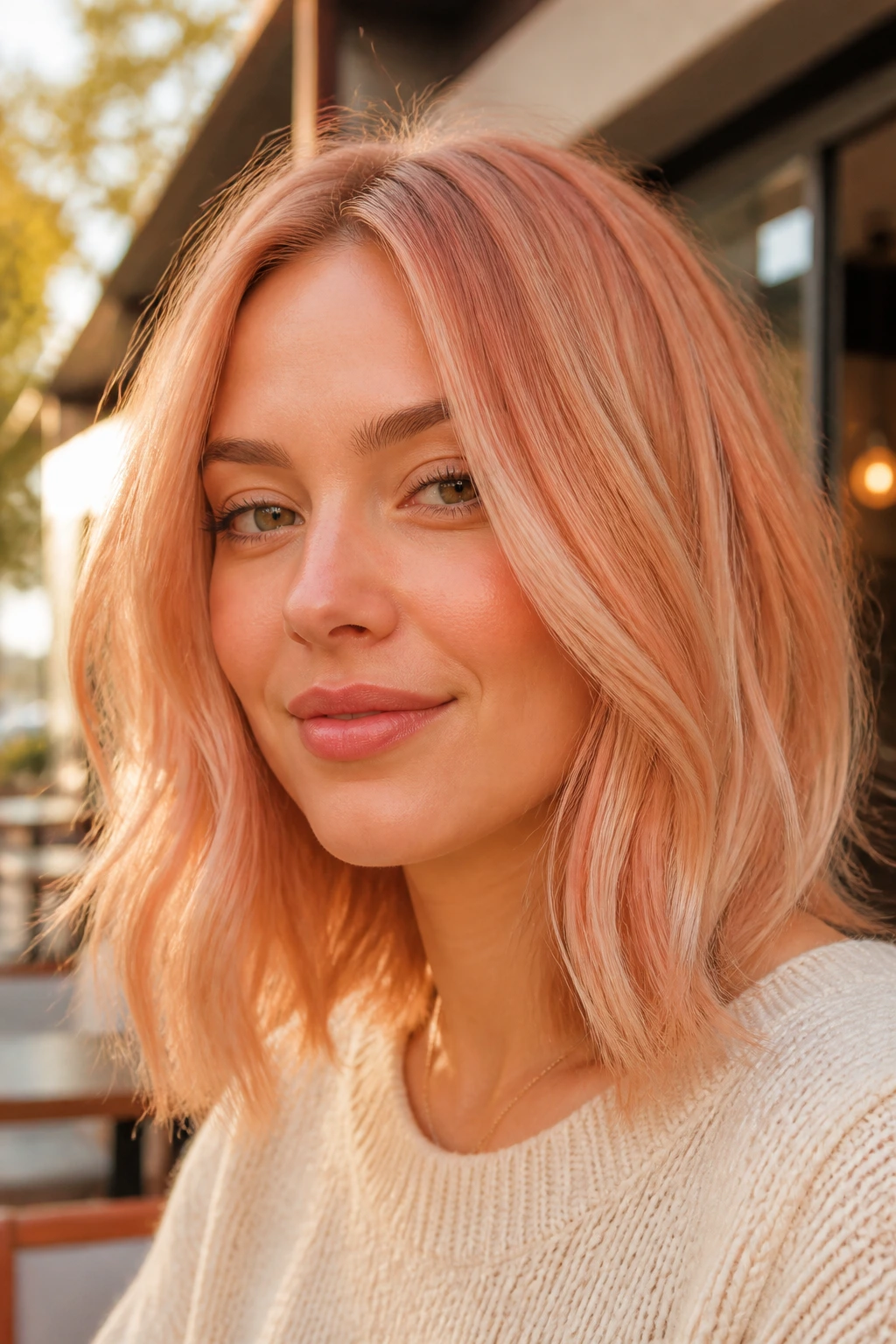 Real woman with a peach blonde lob on a beige-honey base.