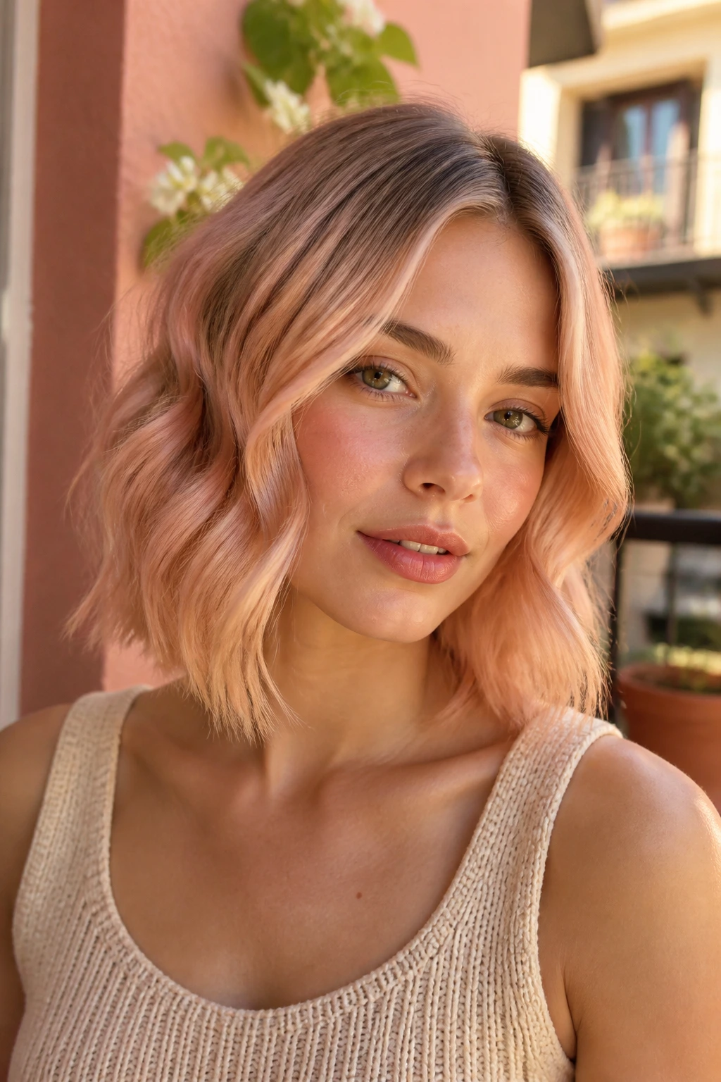 Close-up of a woman with peach blonde lob and soft waves