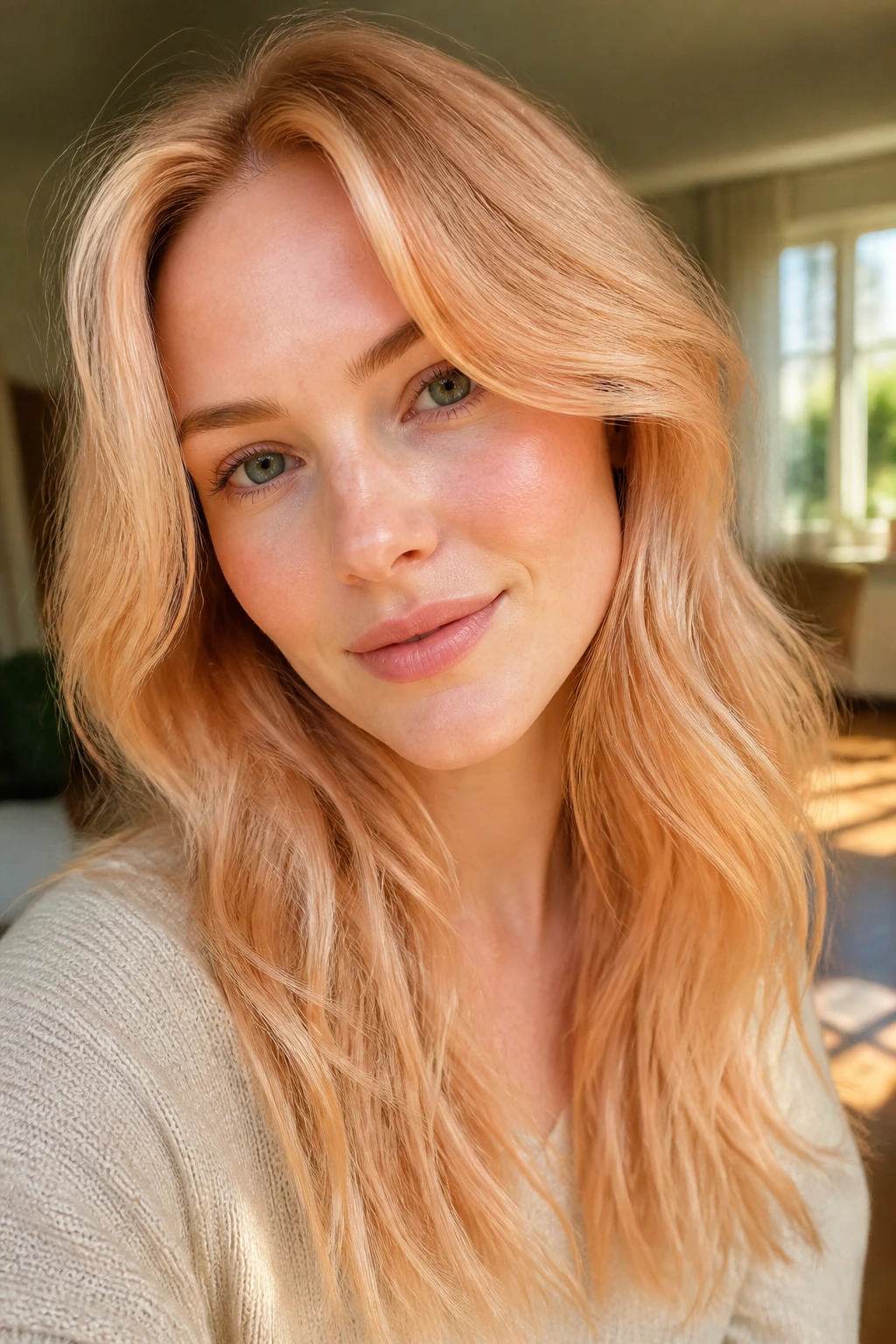 Close-up of a real woman with golden peach blonde in soft daylight