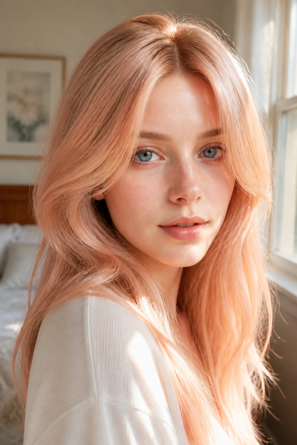 Close-up portrait of a real woman with peach blonde hair in a sunlit bedroom