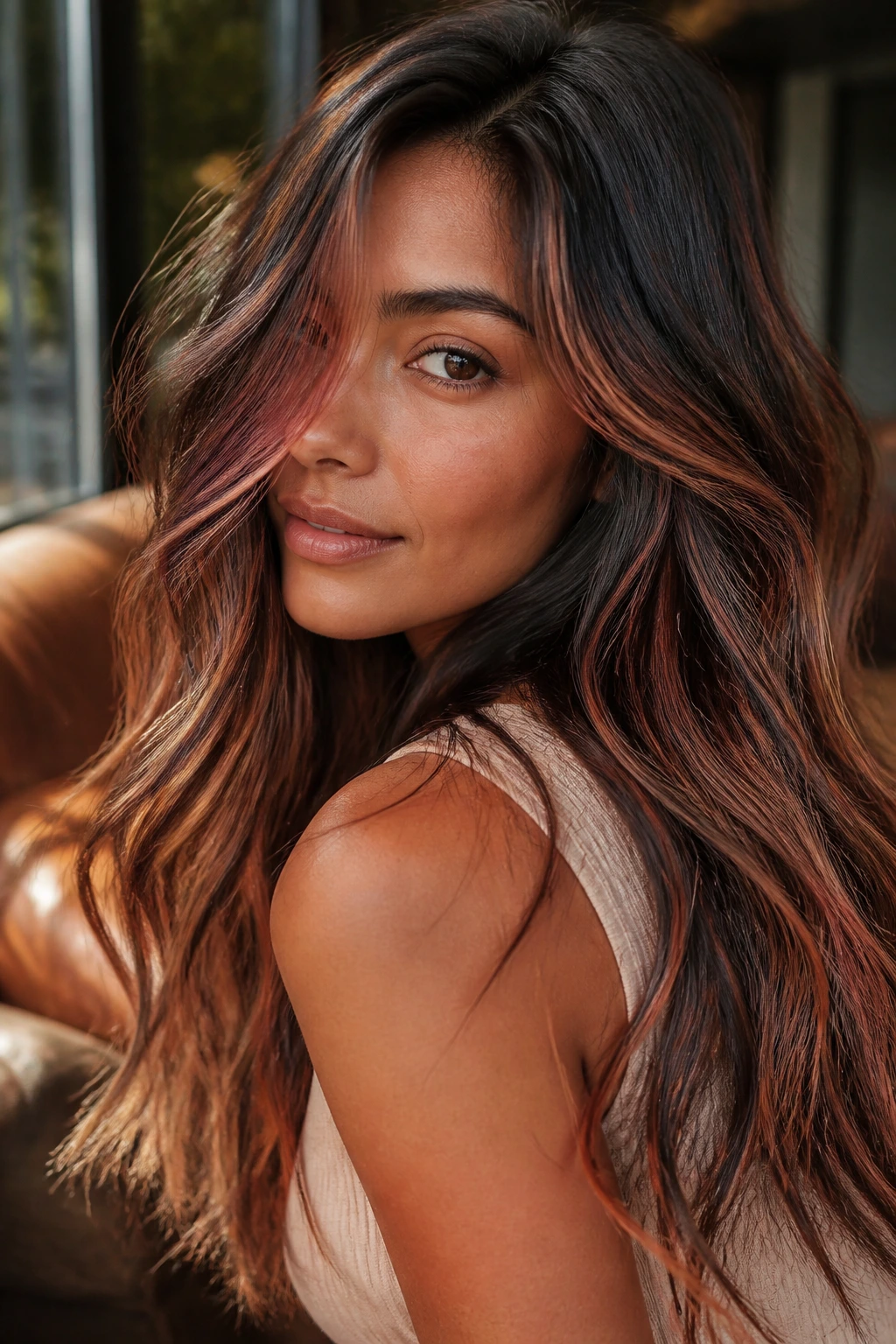 Close-up of hair with peach bronze slices showing peach warmth