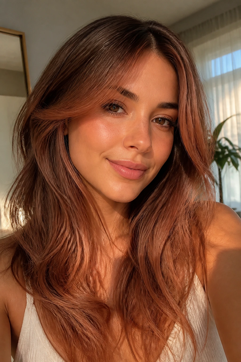 Peach brunette hair with peach sheen on a real woman in warm light.