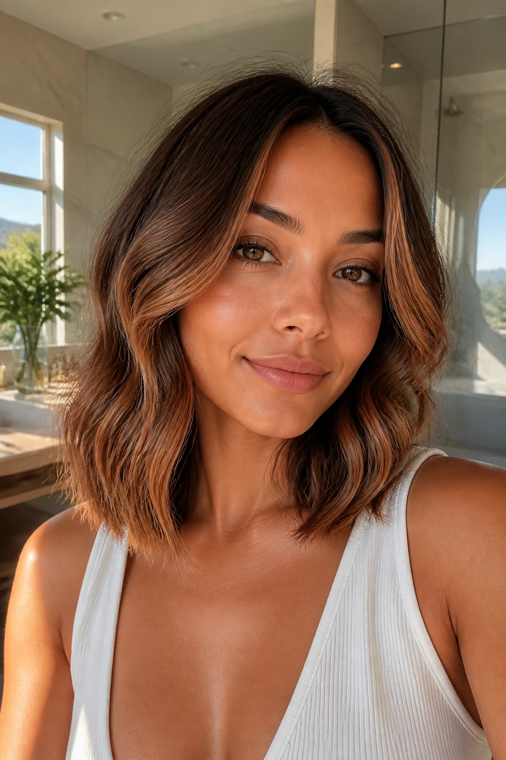 Close-up of medium-length hair with peachy caramel glow for neutral undertones.