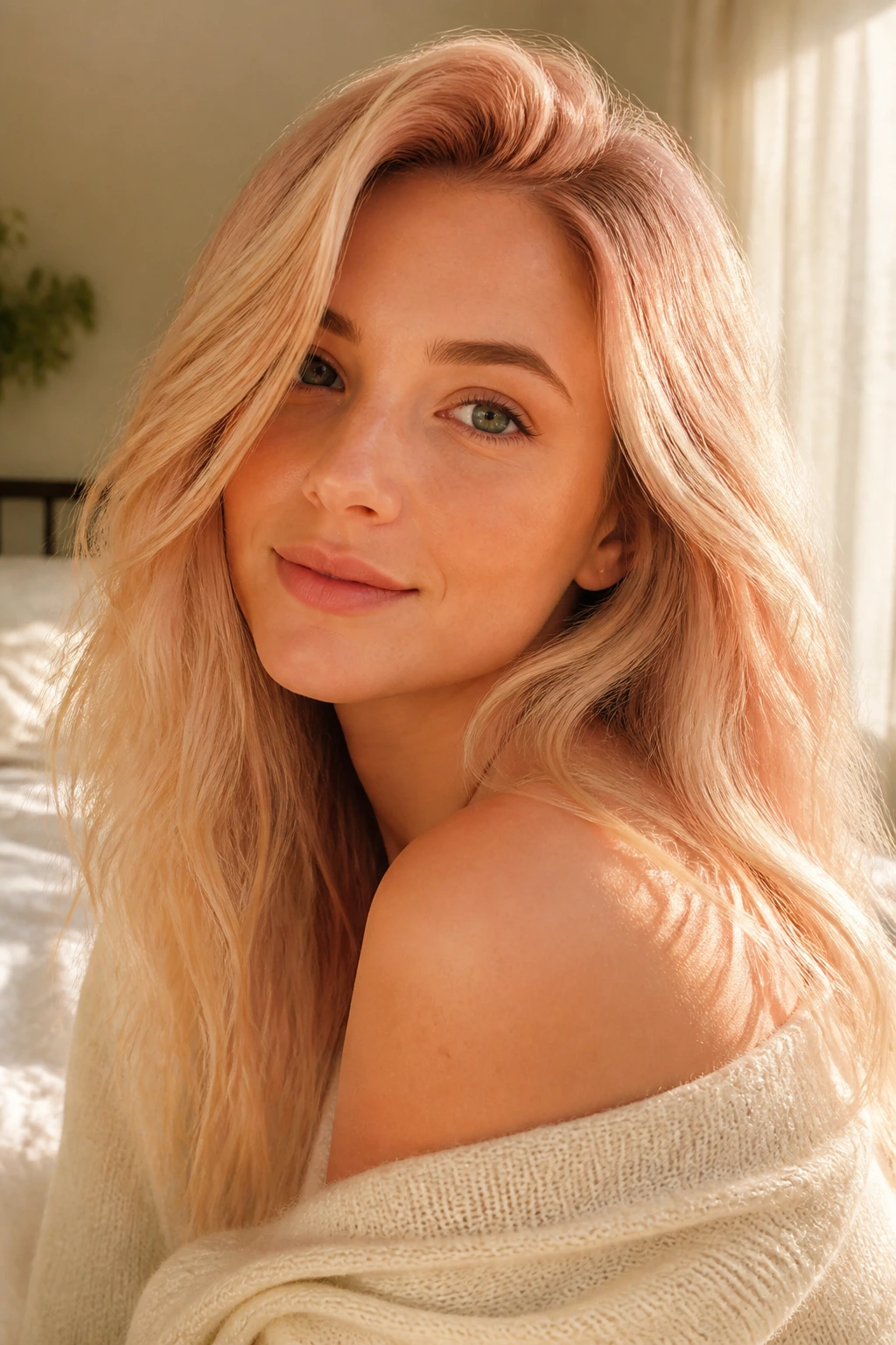 Close-up of a real woman with Peach Champagne Blonde hair on warm skin.