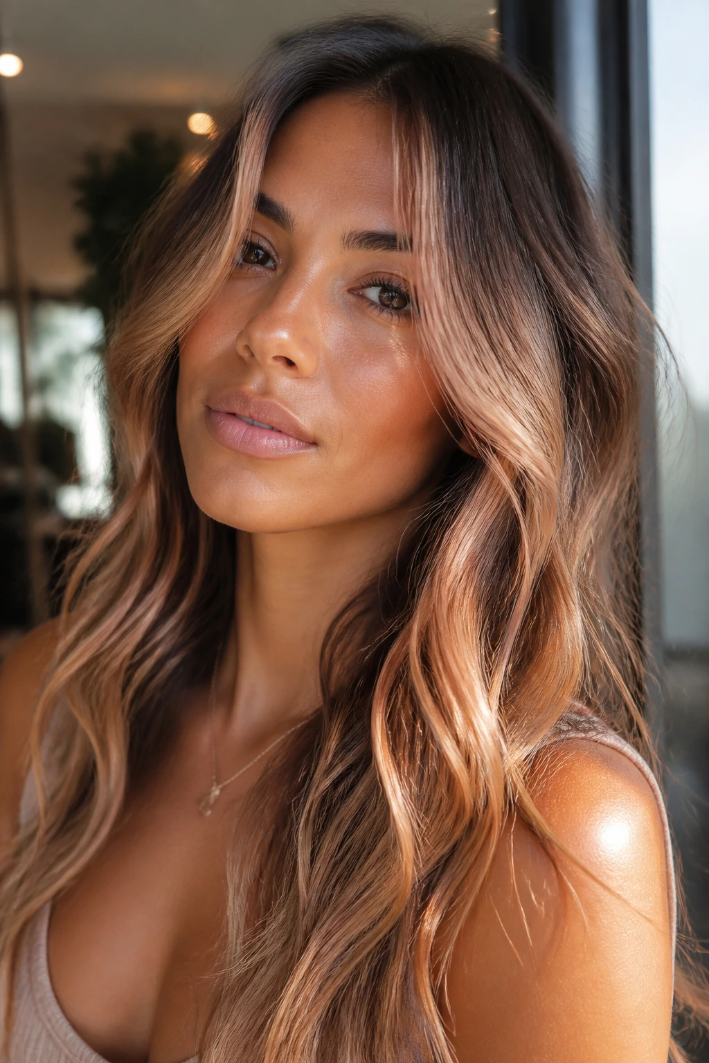 Close-up portrait of a real woman with peach-champagne front highlights, warm light.