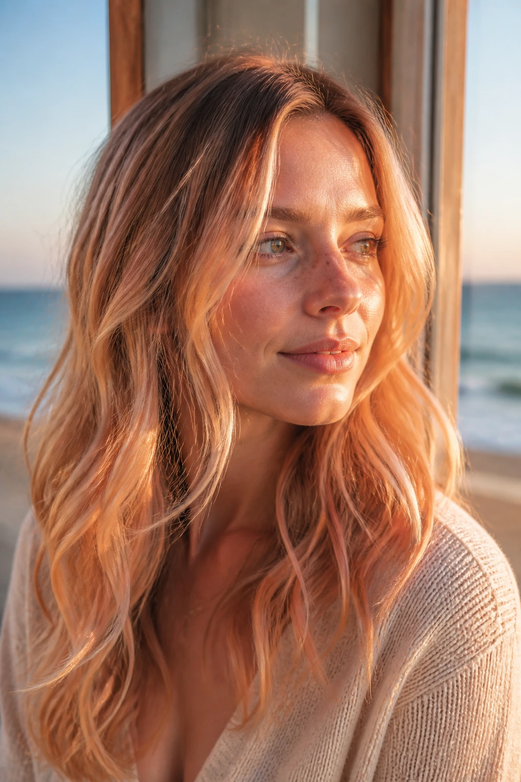 Portrait of a real woman with peach champagne highlights in hair
