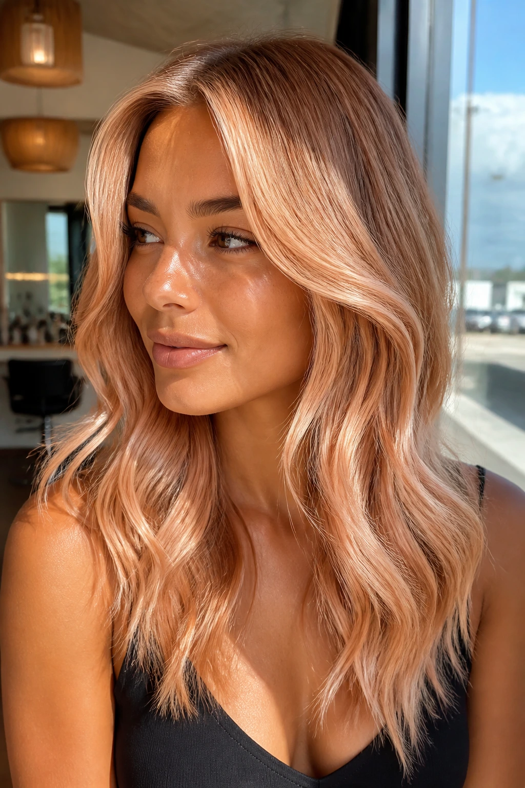 Close-up of a real woman with peach champagne highlights on copper blonde hair in warm window light