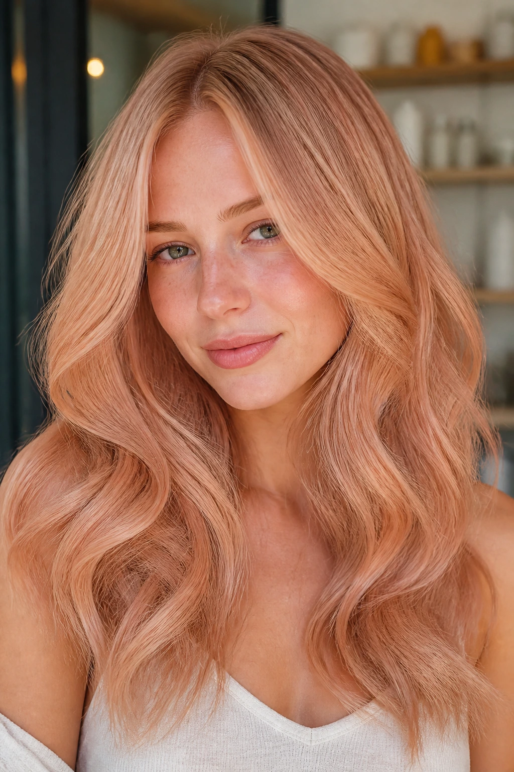 Close-up portrait of a real woman with peach champagne strawberry blonde hair