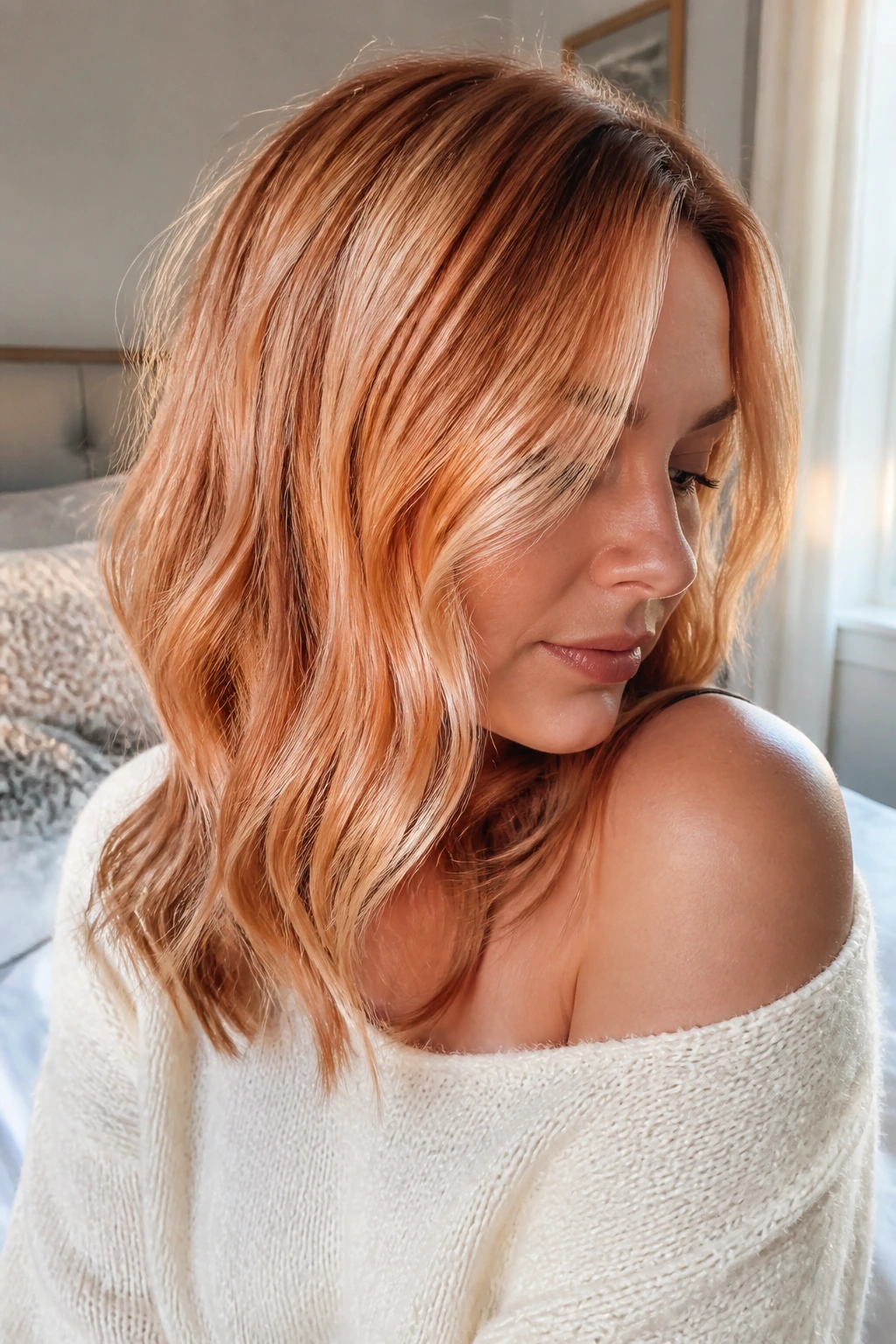 Close-up of shoulder-length peach cobbler blonde hair with peachy copper and creamy blonde base