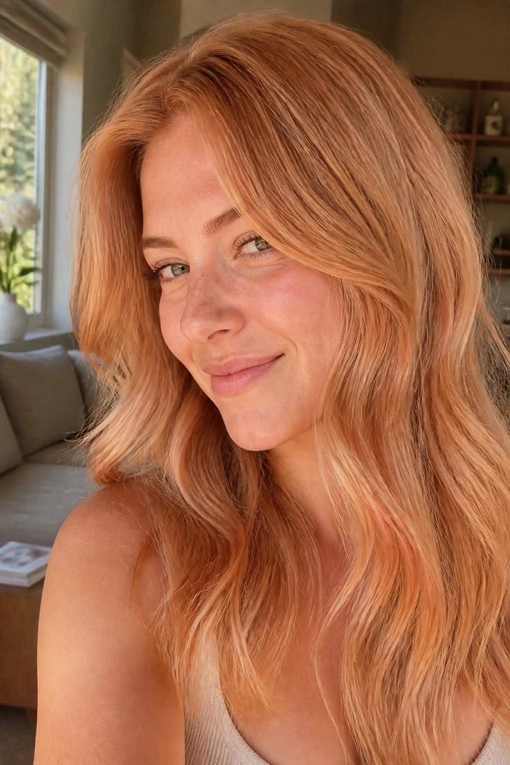 Portrait of a woman with peach cobbler strawberry blonde hair in waves
