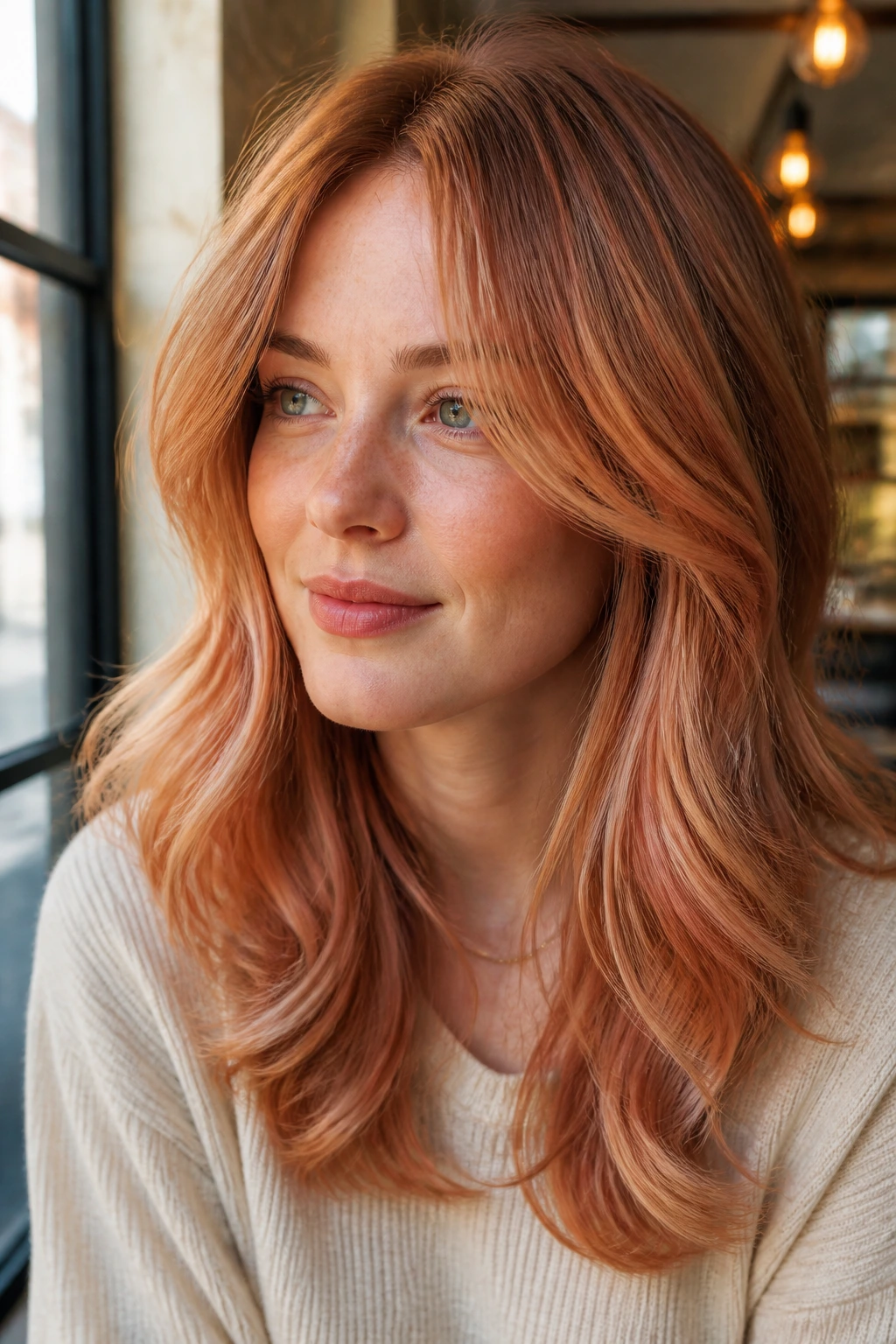 Shoulder-length strawberry blonde with peach copper melt in cafe window light.