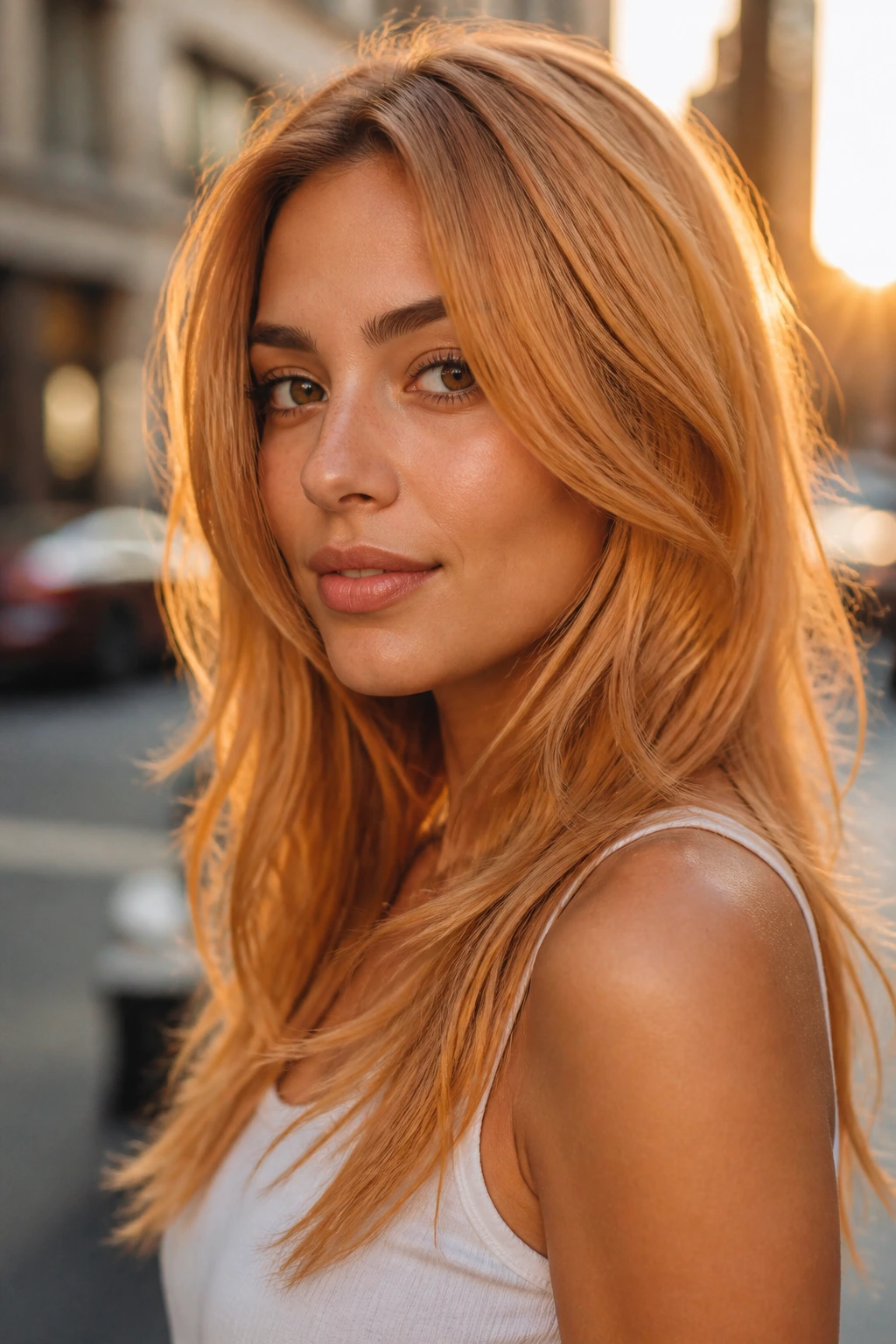 Close-up portrait of a real person with Burnished Peach Blonde showing deep peach-gold reflections in golden hour light