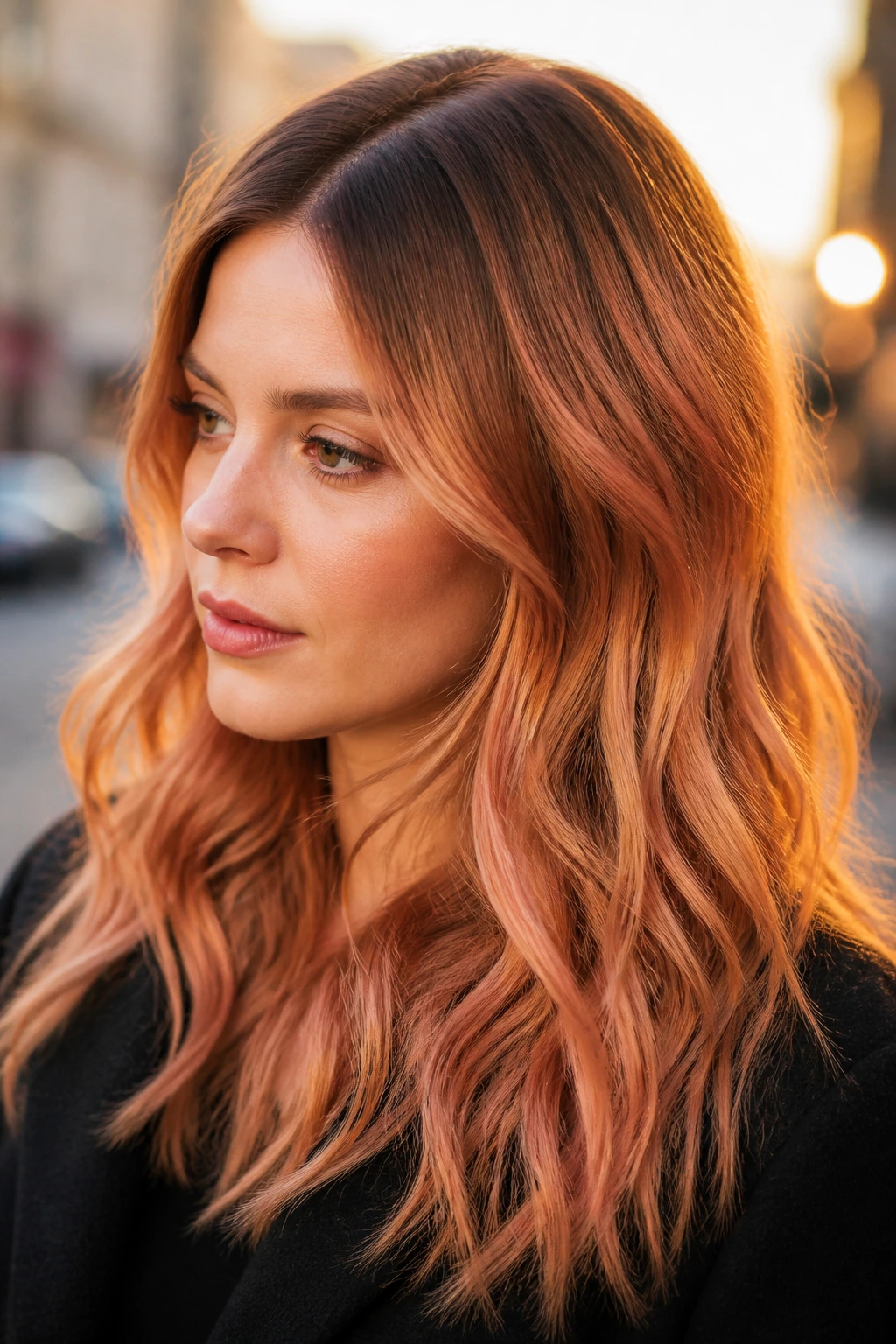Close-up portrait of a real woman with a peach-copper shadow root.