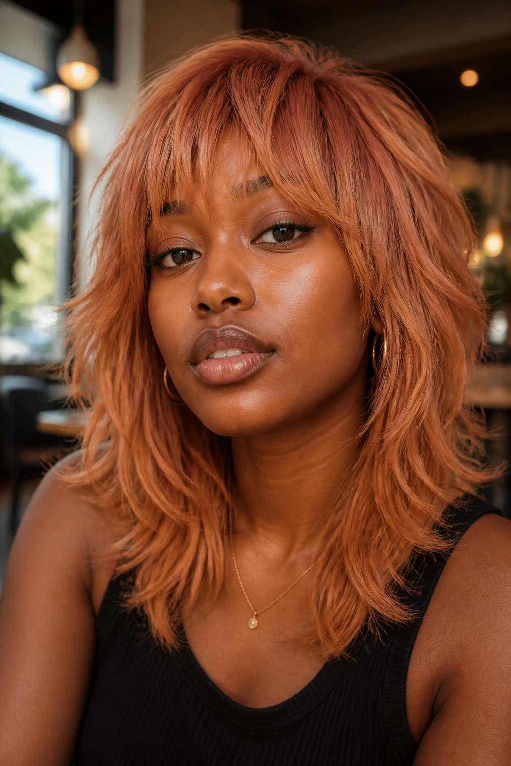 Portrait of a real woman with peach copper shag hairstyle.