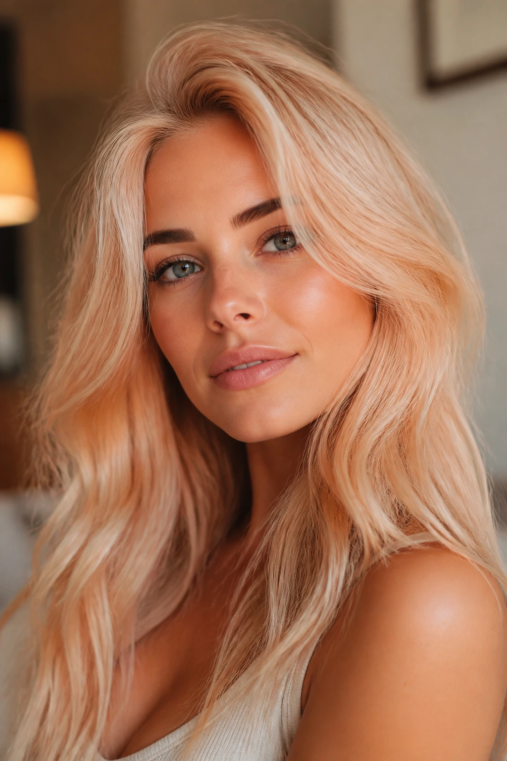 Close-up of a woman with peach cream blonde hair in soft peachy lighting.