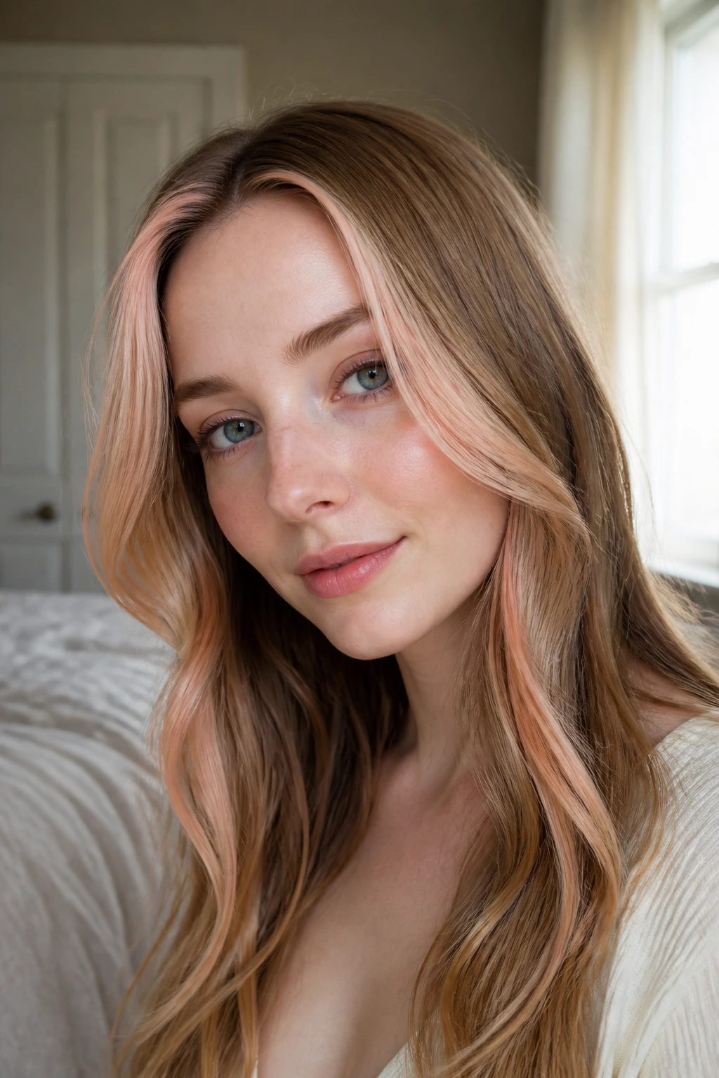 Close-up portrait of a woman with peach-cream face framing strands, pale skin