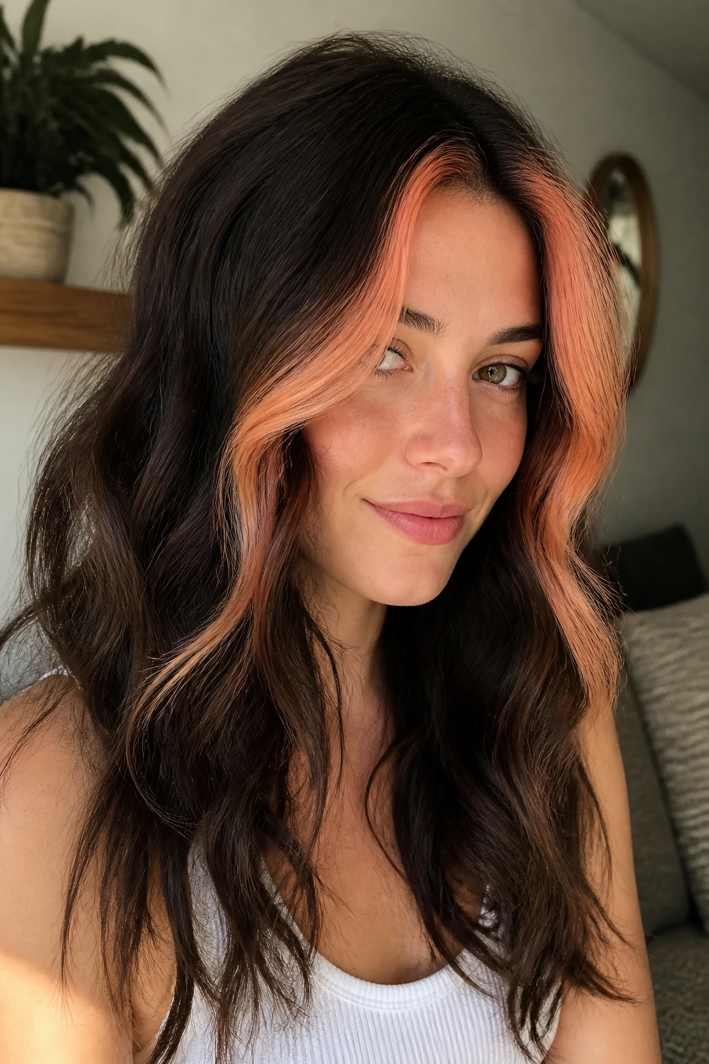 Portrait of a woman with peach face-frame on dark brown wavy hair