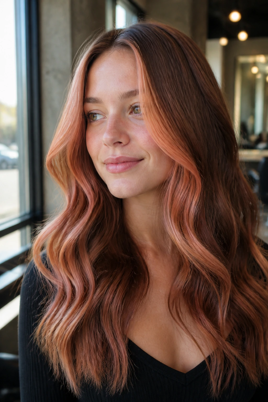 Close-up of real person with peachy face-framing ribbons highlighting the front layers
