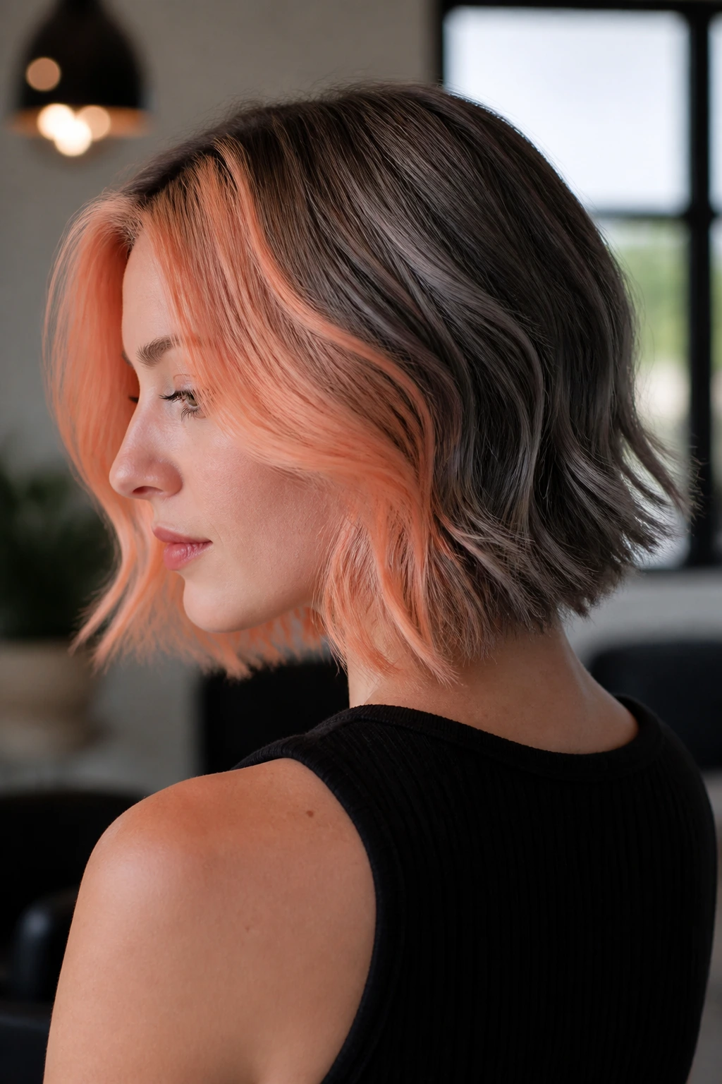 Three-quarter portrait of a woman with peach-front and smoky-back papaya hair