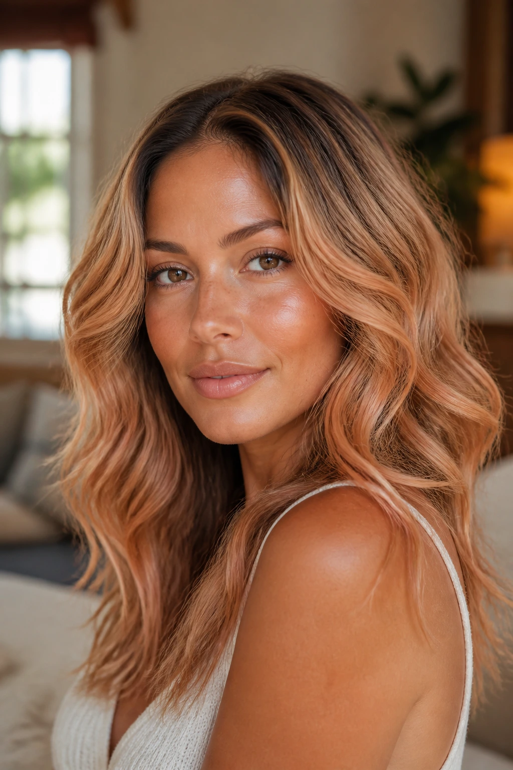 Portrait of a woman with soft peach glaze hair on tan skin