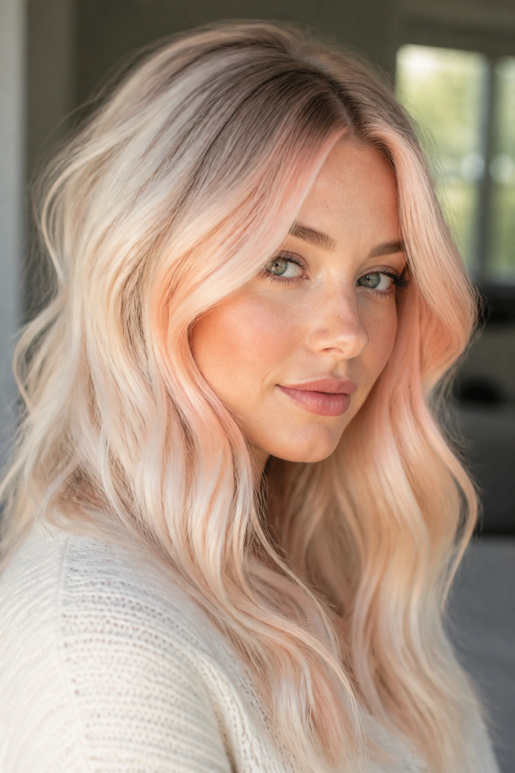 Close-up of peach-glaze platinum hair framing warm skin