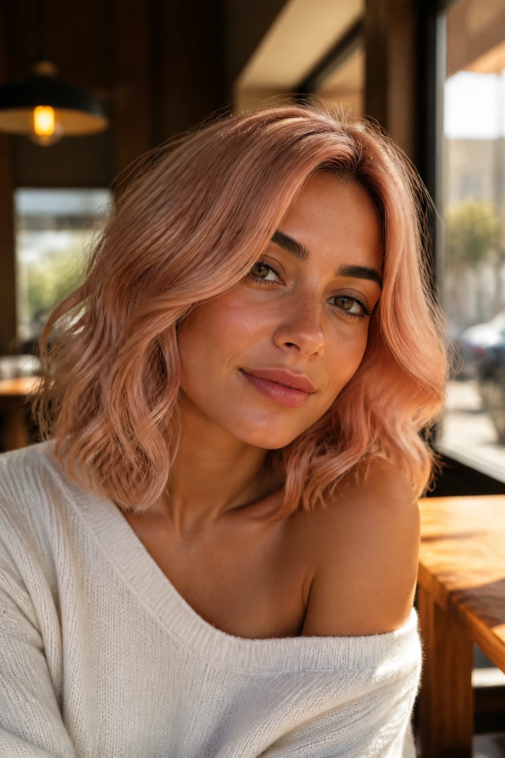 Close-up portrait of a real woman with peach-glaze soft wavy lob on olive skin