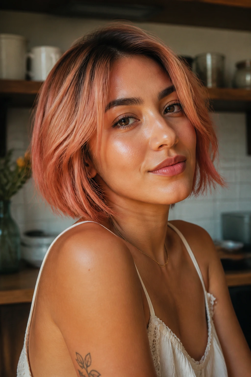 Close-up portrait of a woman with peach-glaze strawberry bob in a warm interior.