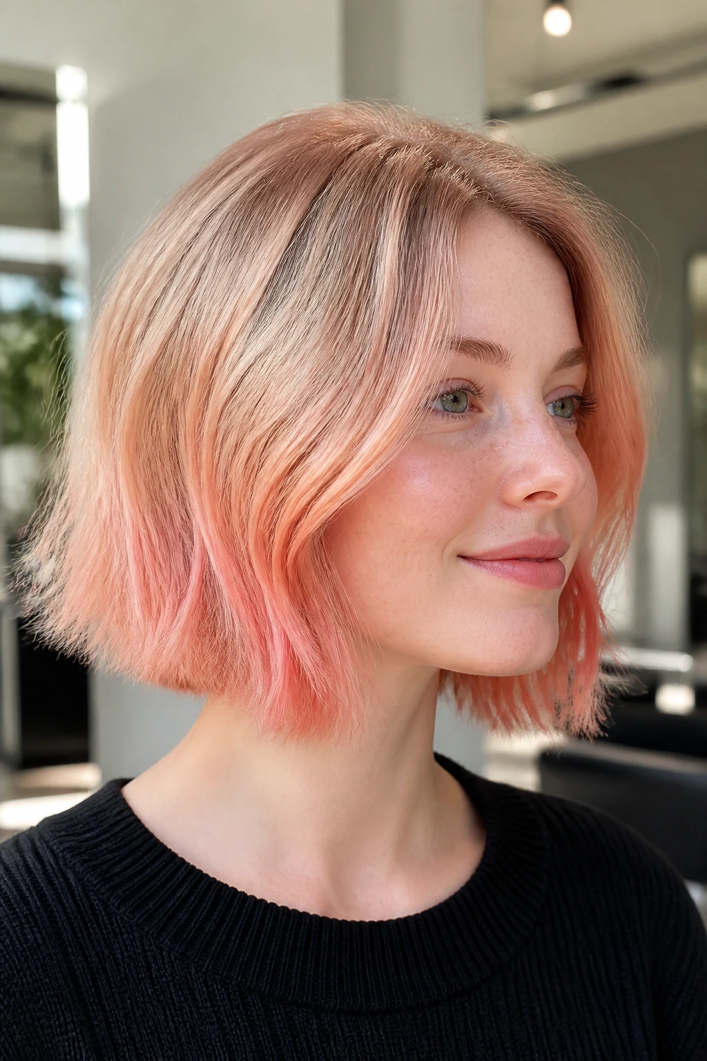 Portrait of a real woman with peach-glazed strawberry ombre bob
