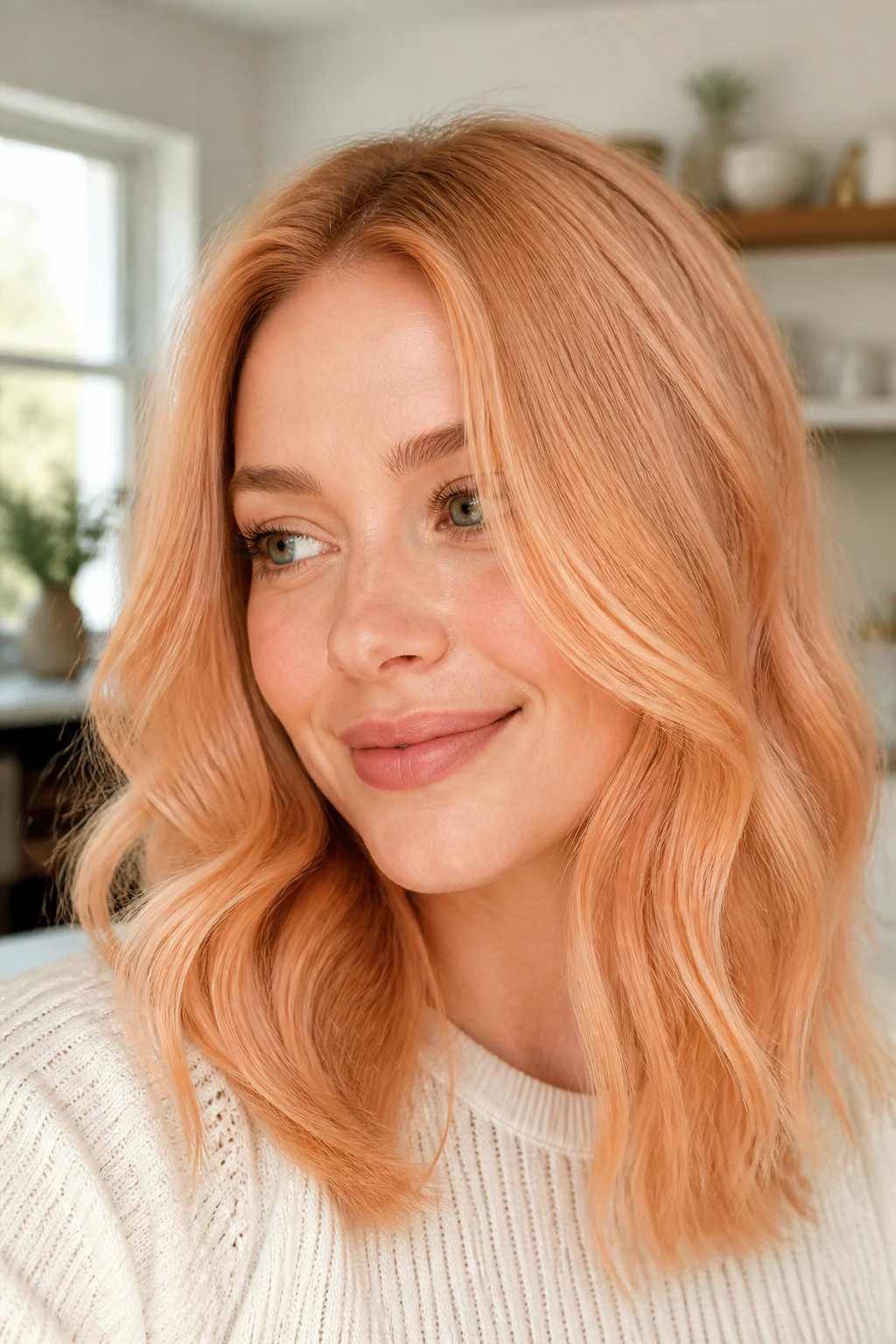 Portrait of a real woman with golden peach gloss on blonde hair in natural light.