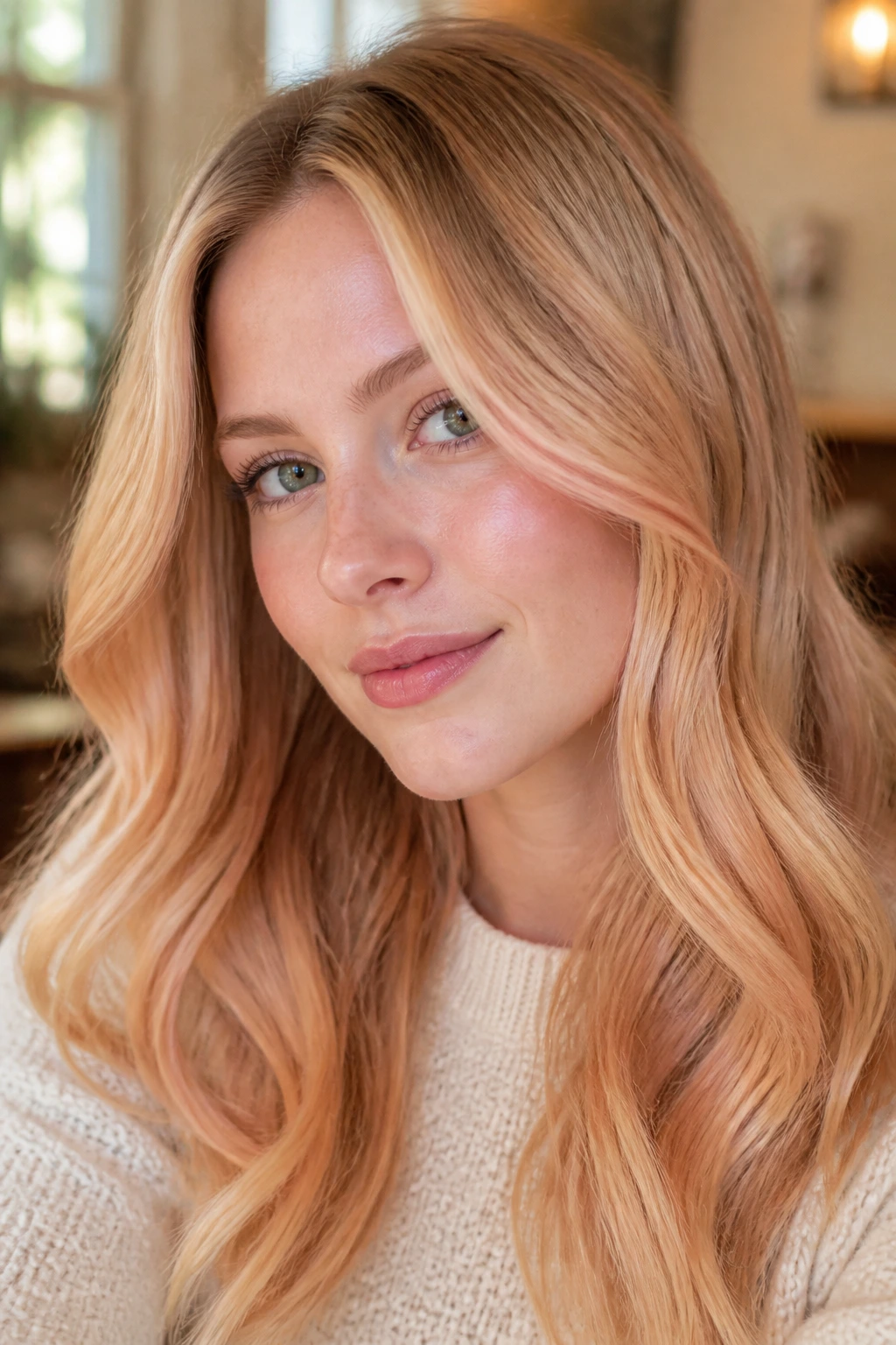 Close-up of a real woman with peach-apricot balayage and warm light