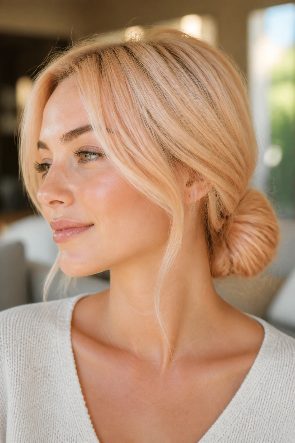 Close-up of a real woman with a peach-glow blonde low bun in warm daylight