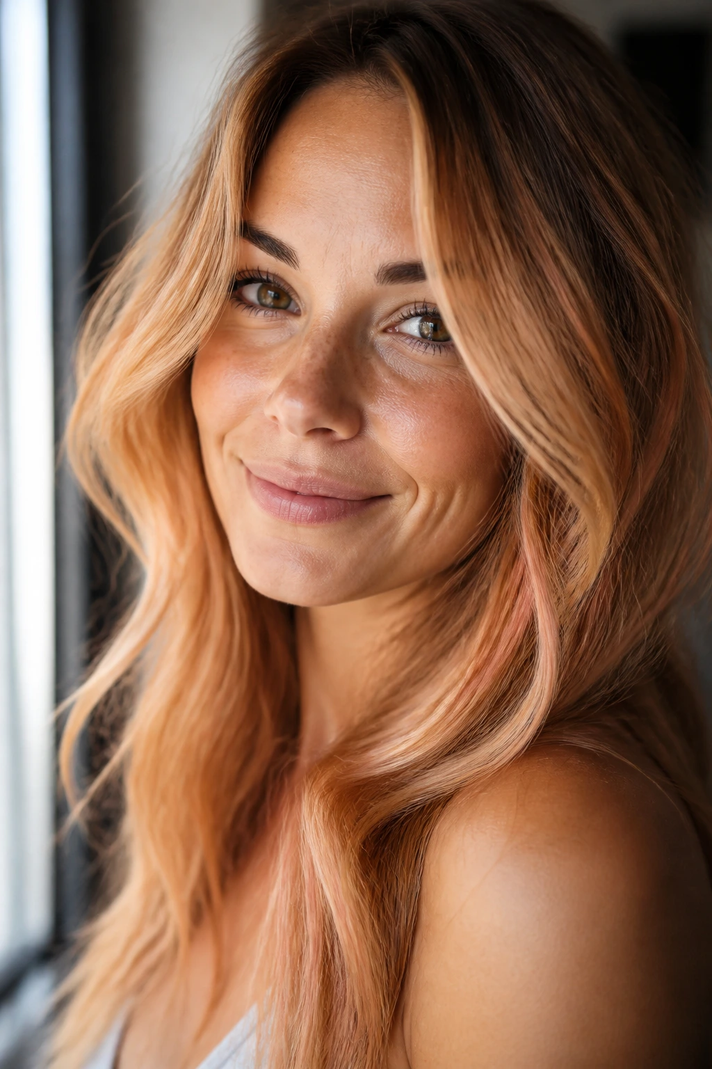 Close-up of a real woman with peach-tinted gold highlights around the face