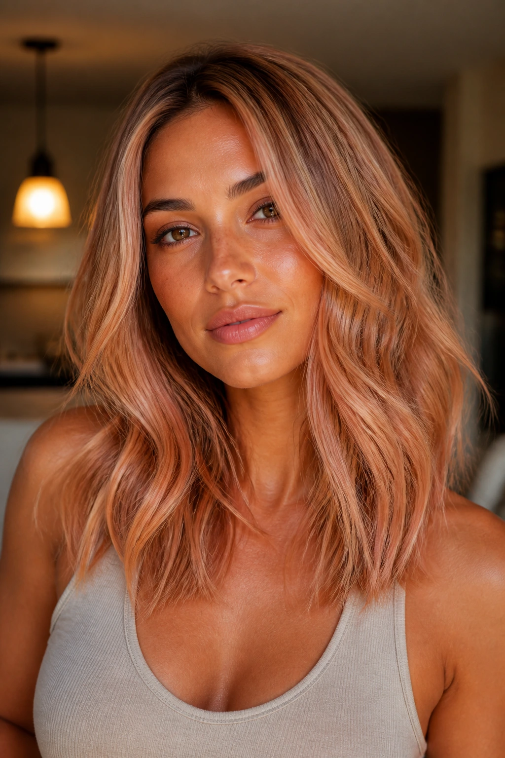 Portrait of a real woman with peach-glow strawberry blonde balayage