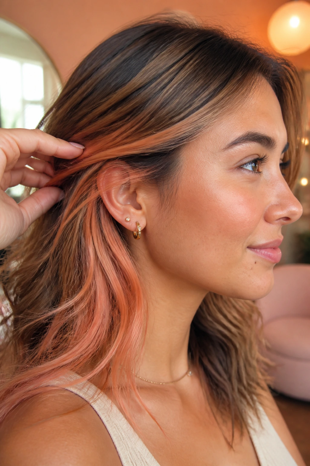 Close-up portrait showing peach-gold peekaboo highlights under the top layer