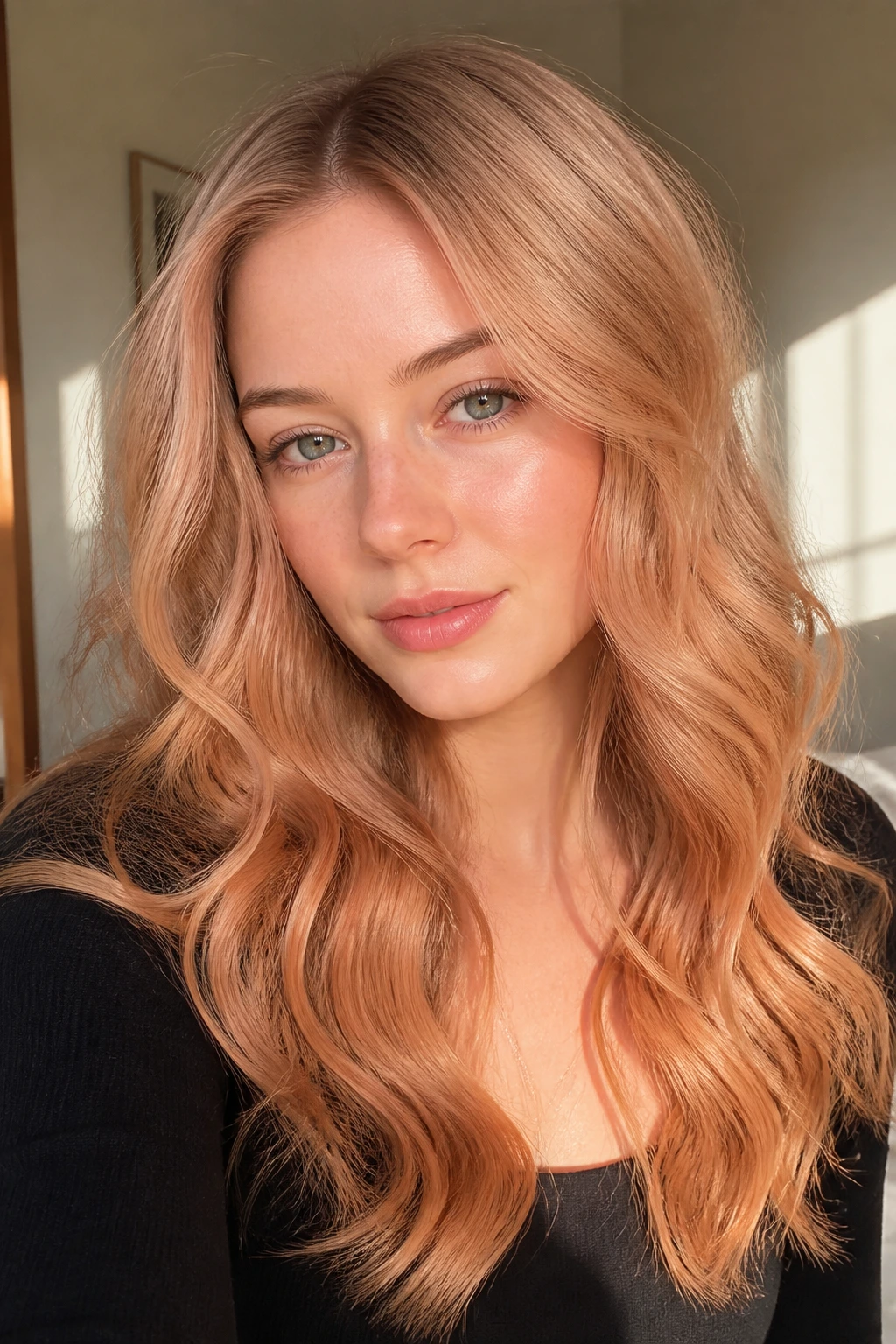 Close-up of peach-gold honey hair on pale skin