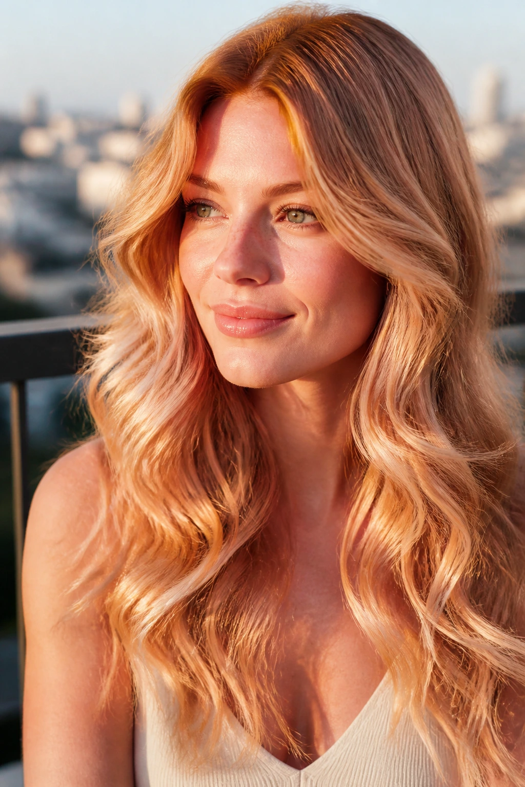 Close-up of a real woman with peach-gold mermaid waves.