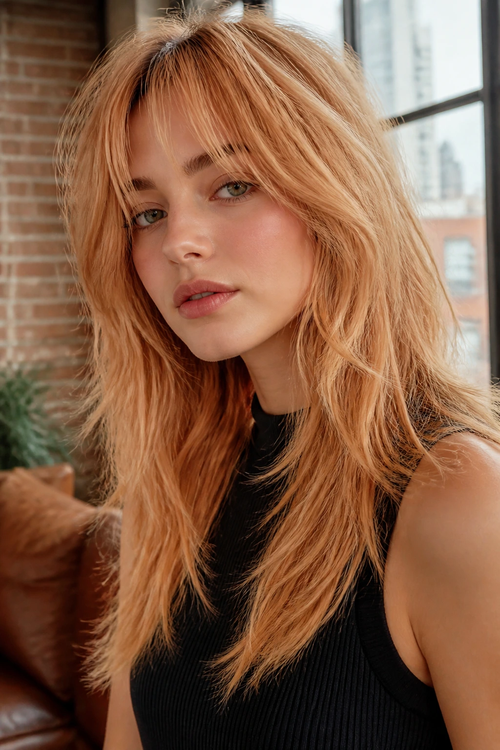 Portrait of a real person with a peach-gold wolf cut
