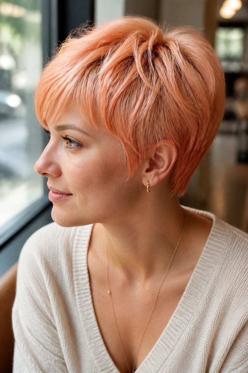Close-up of a real person wearing a peach sorbet rounded pixie with warm peach tone