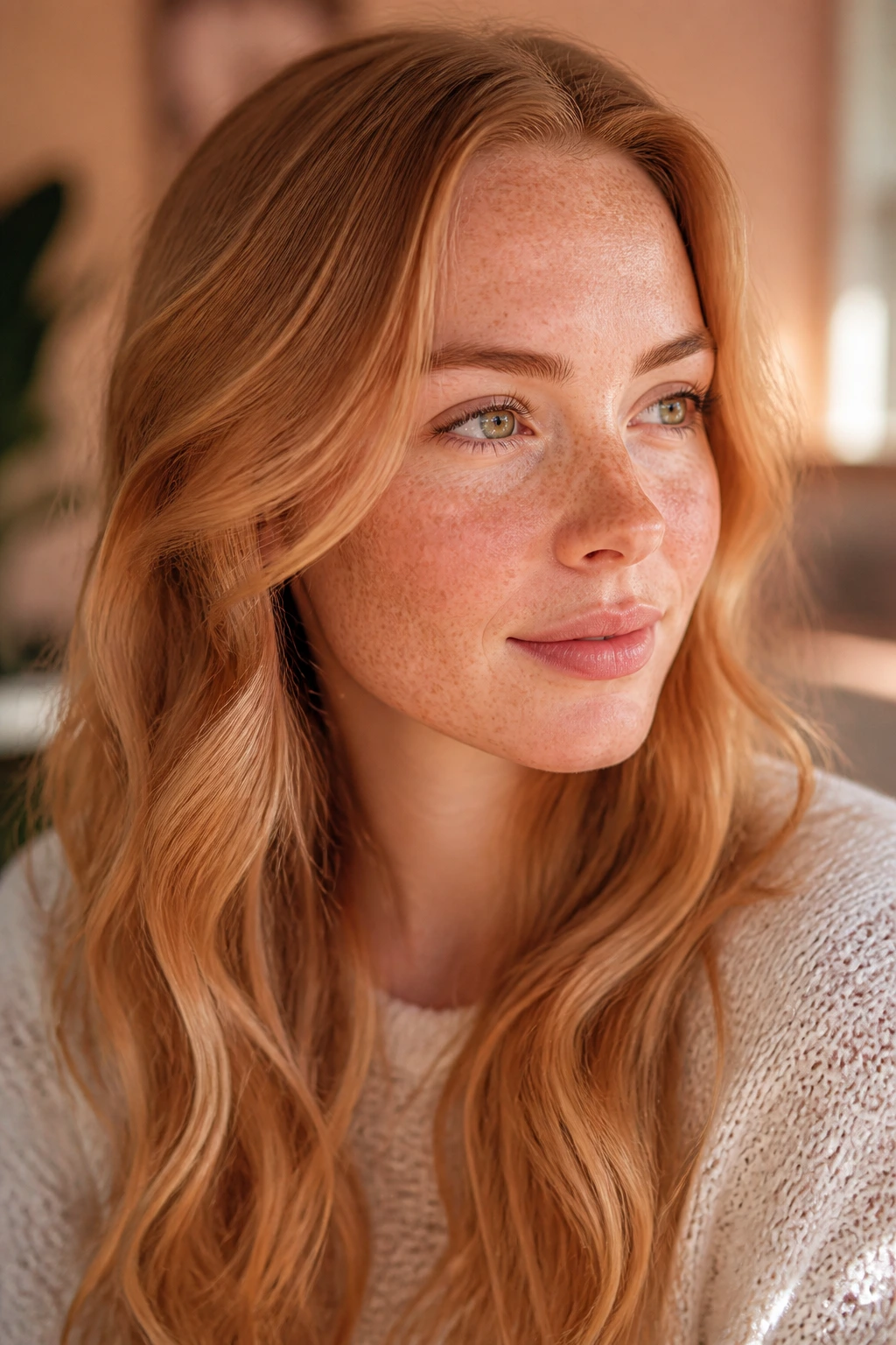 Portrait of a freckled-skinned person with peach-honey balayage in a sunlit room.