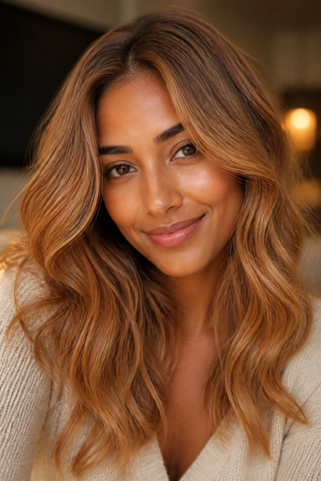 Close-up of real person with peach-honey caramel blend hair.