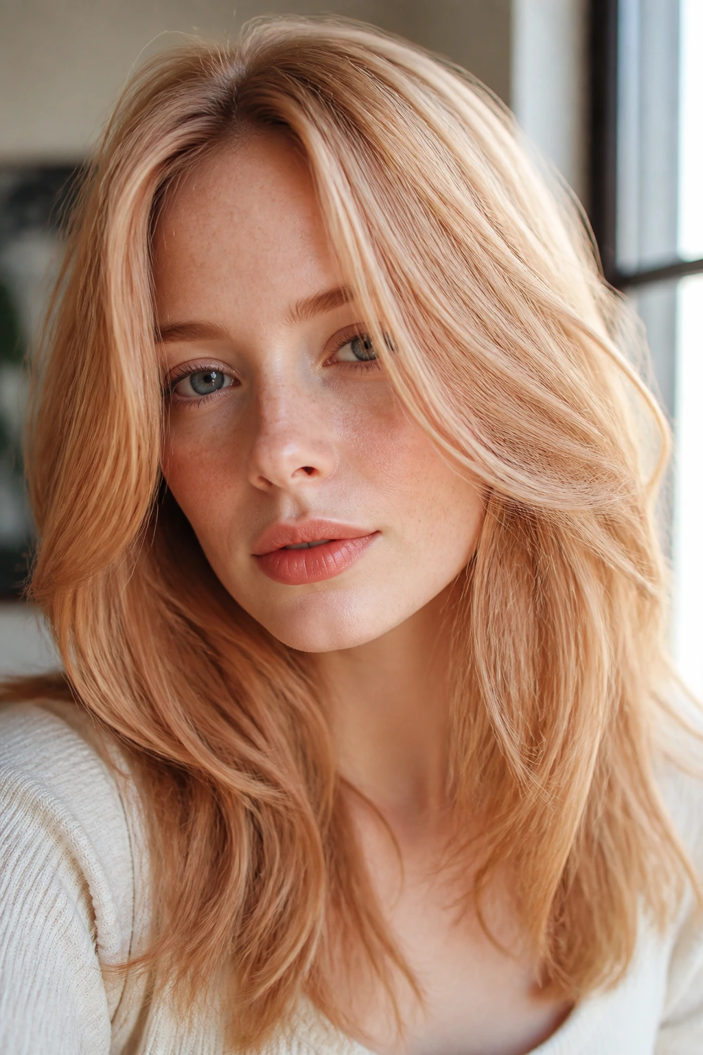 Portrait of a woman with peach-honey glazed hair